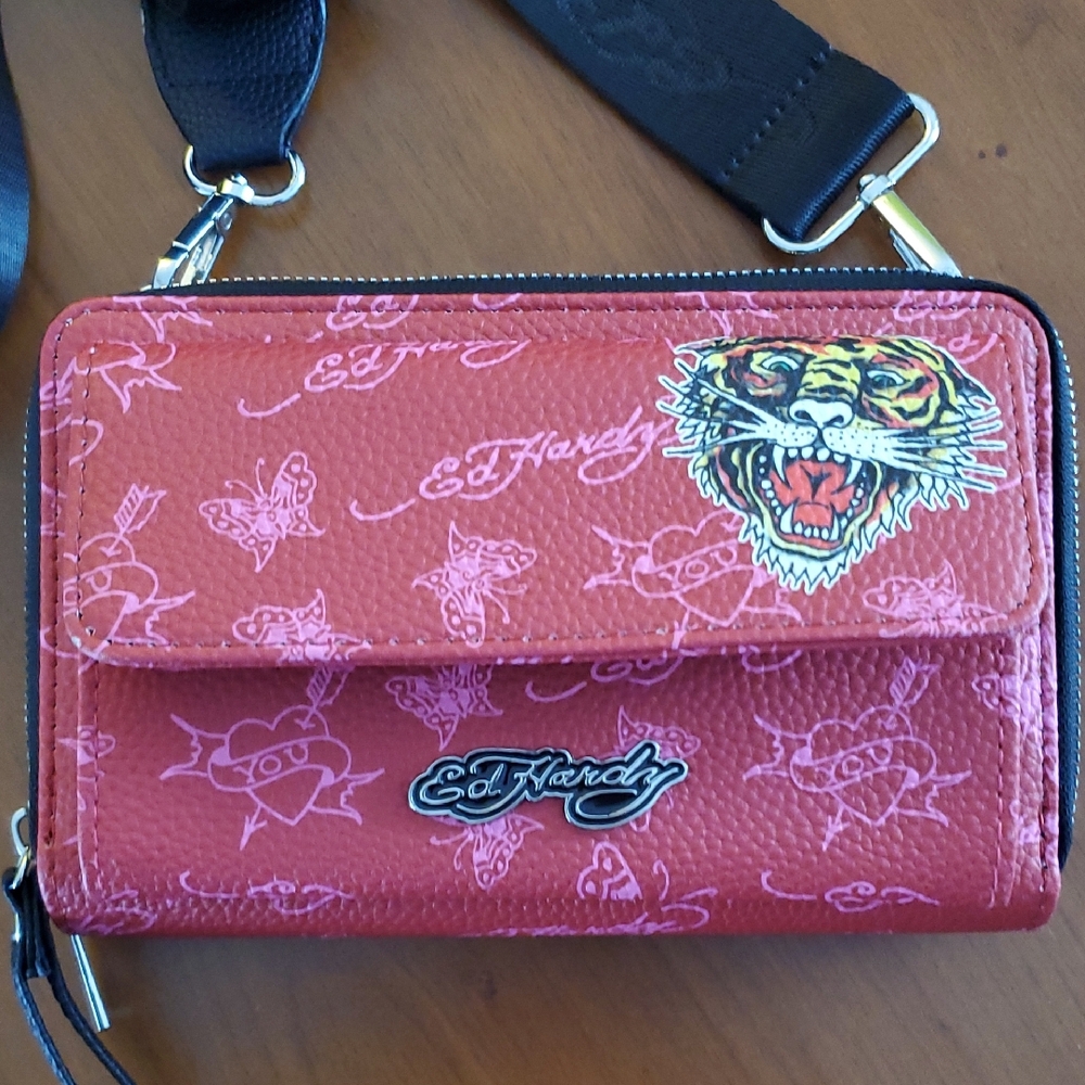 Ed Hardy Crossbody/Wristlet Wallet with Tiger Patch